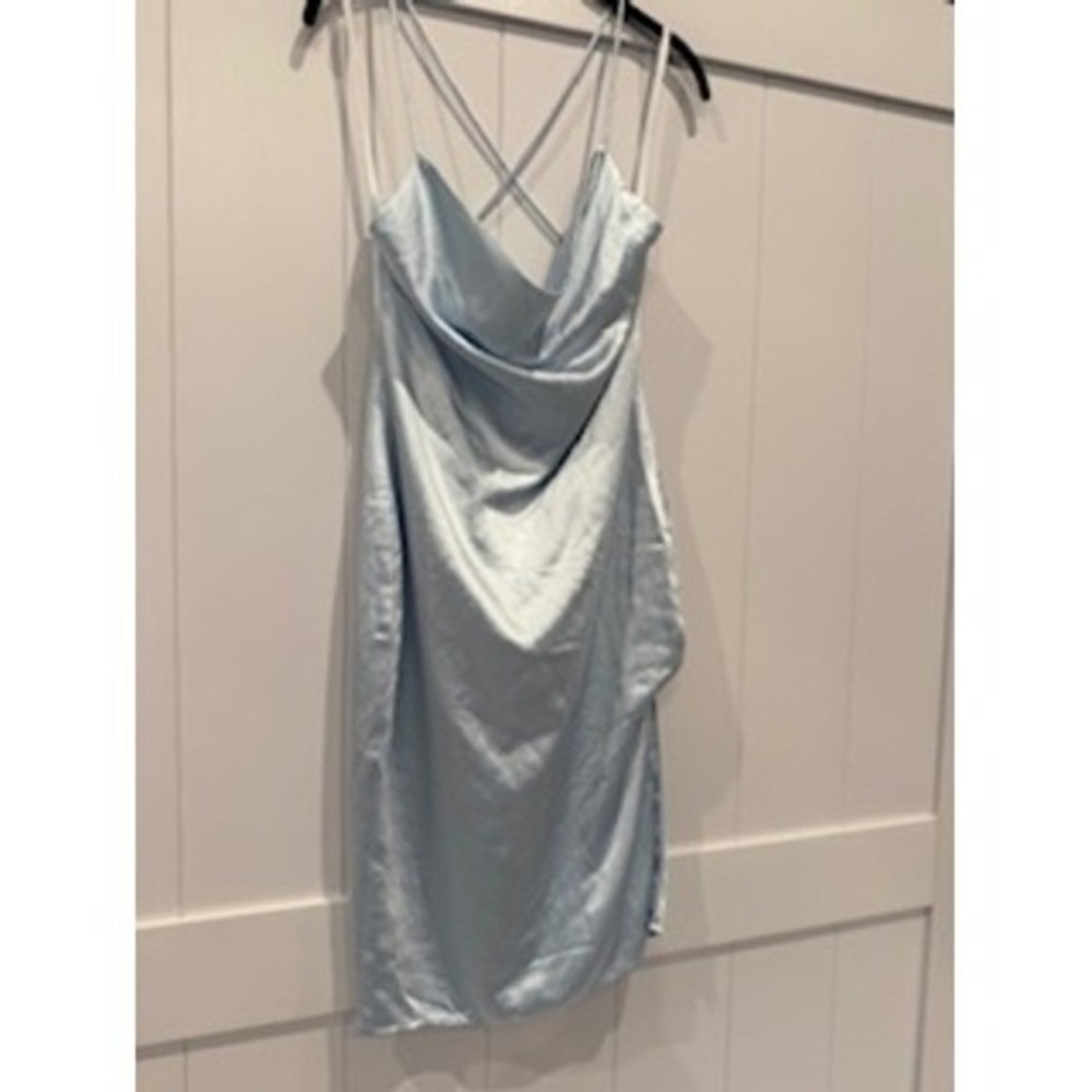 Superdown Women's Blue Satin Cowl Neck Criss Cross Back Party Cocktail Dress